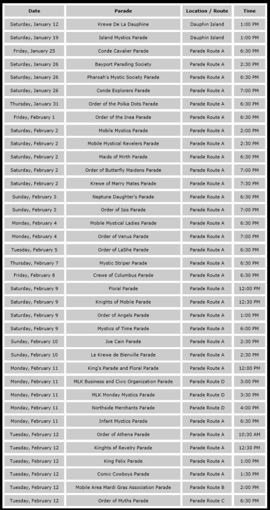Mobile County -Alabama Mardi Gras Parades Schedule
