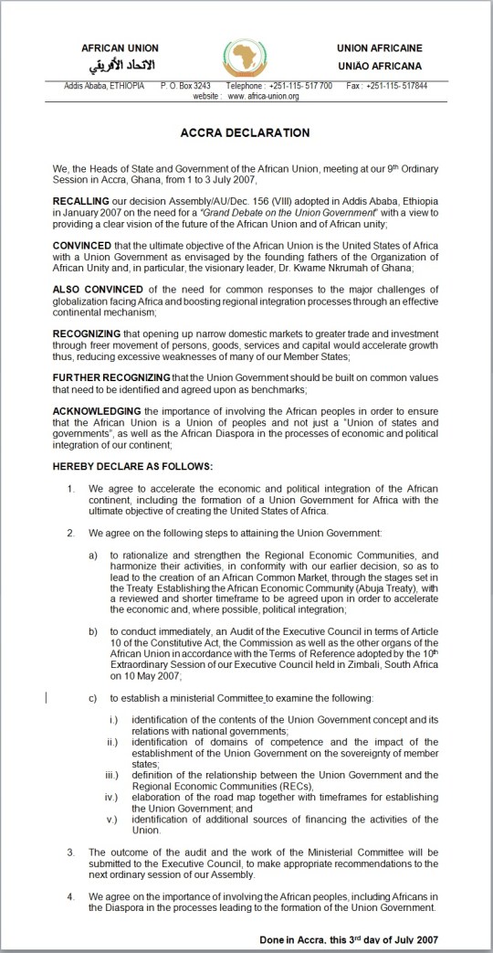 Accra Declaration 2007 United States of Africa