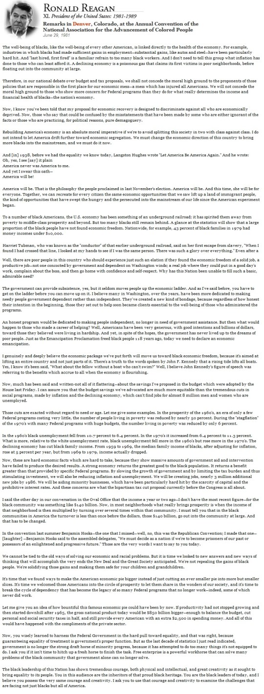 President Reagan on African Americans and the economy