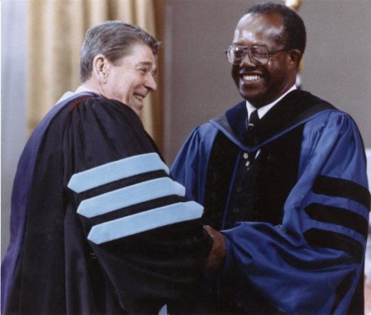 President Ronald Reagan commencement address at Tuskegee University with 5th president of Tuskegee Dr. Benjamin F. Payton