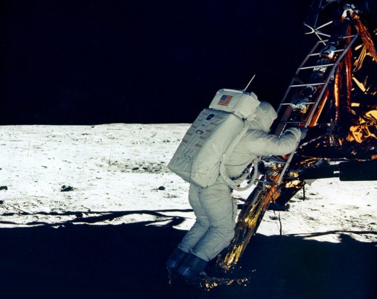Aldrin on the Lunar Module footpad