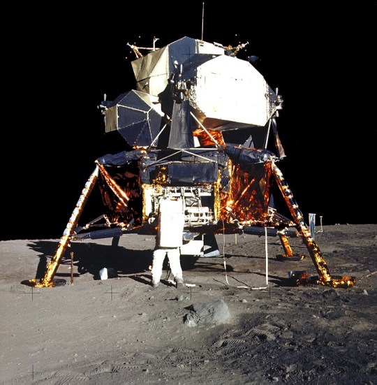Aldrin unpacks experiments from Lunar Module