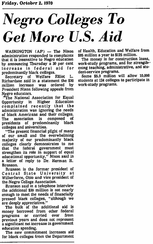 Nixon funding to black colleges 1970