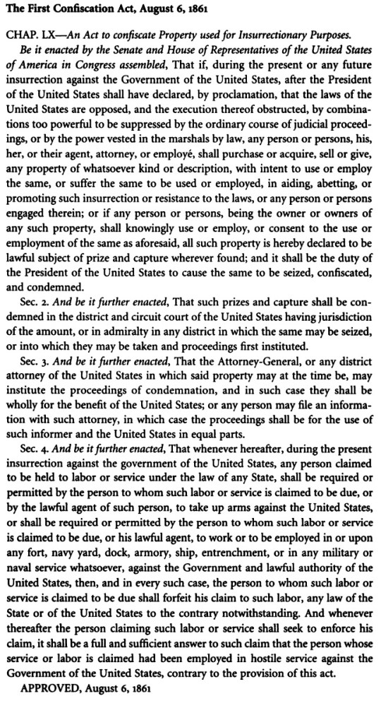Abraham Lincoln First Confiscation Act August 6 1861