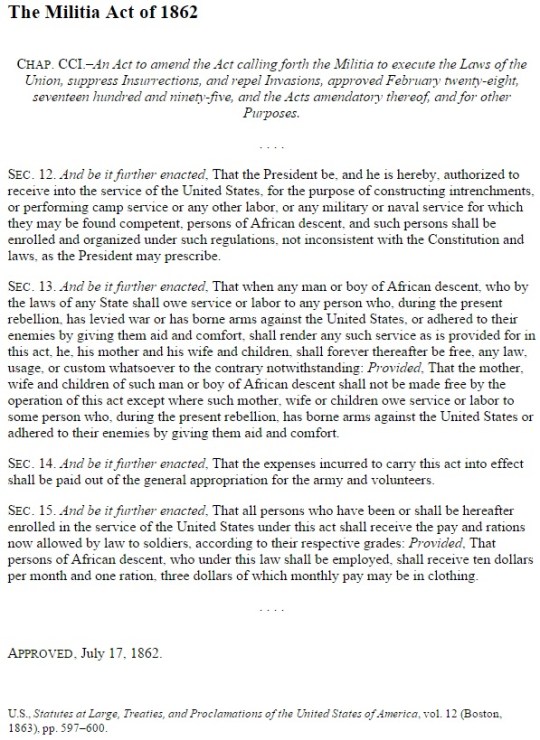 United States of America Black Civil War Soldiers Militia Act 1862