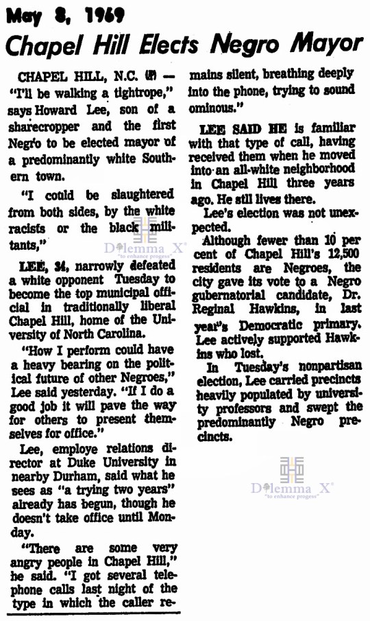 Howard Nathaniel Lee First Black Mayor Chapel Hill 1969