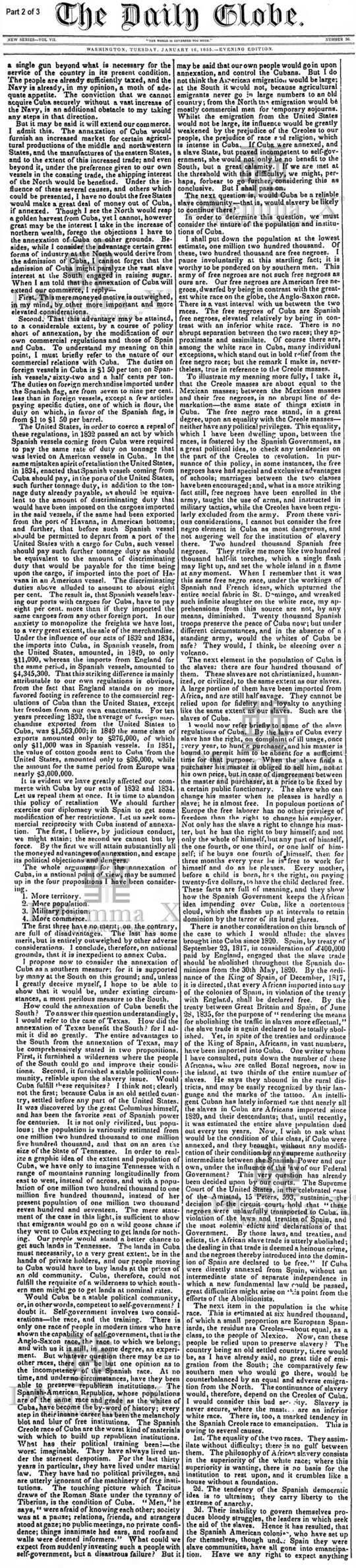 US House of Representatives Jan 15 1855 Cuba Annexation Discussion 
