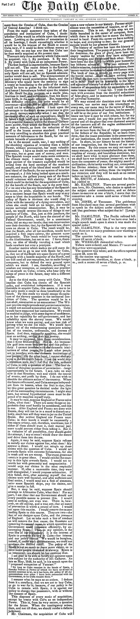 US House of Representatives Jan 15 1855 Cuba Annexation Discussion 