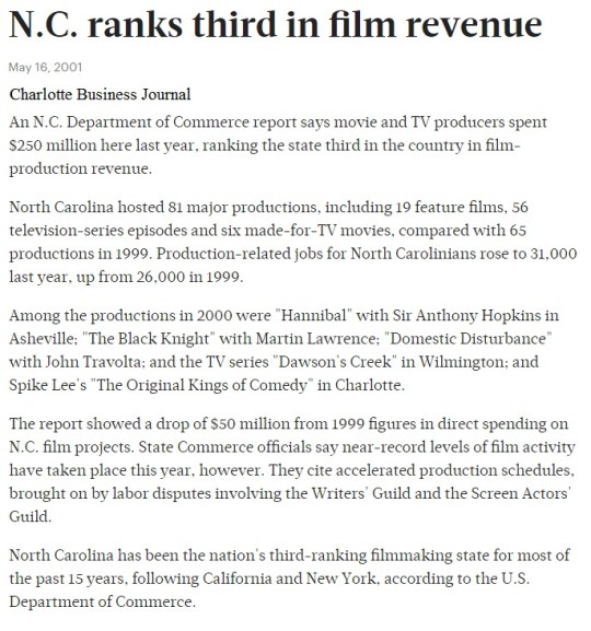NC ranks third in film 2001