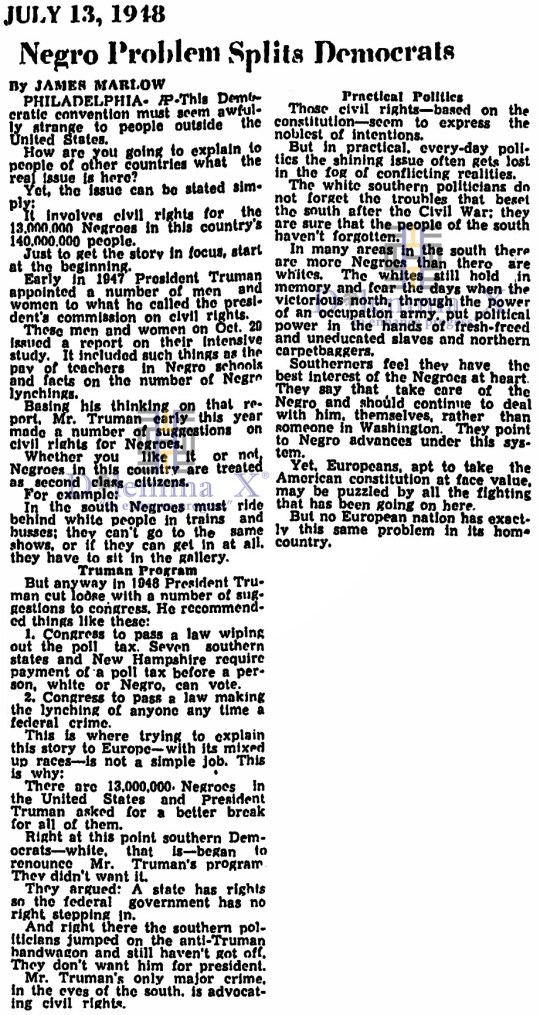 1948 African American Problem Splits Democrats