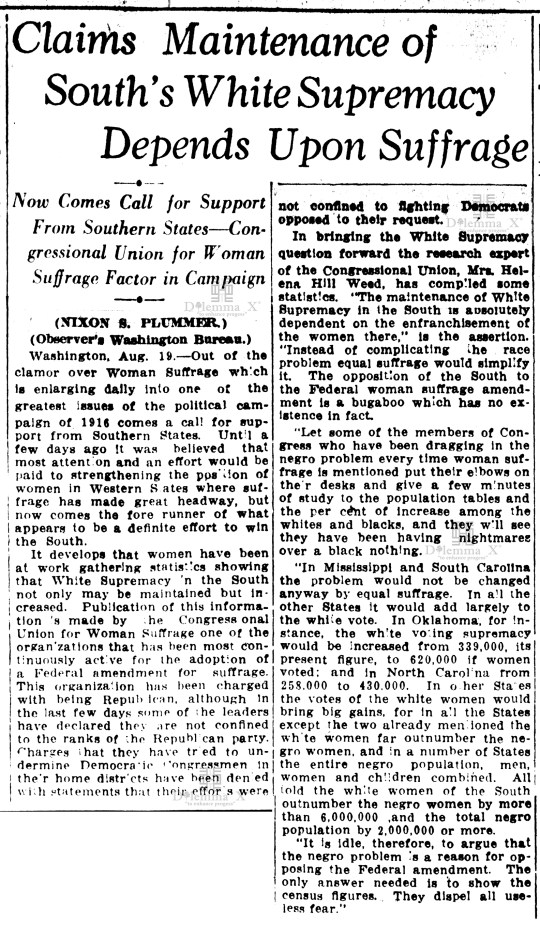 1916-august White Women's Suffrage Racism History