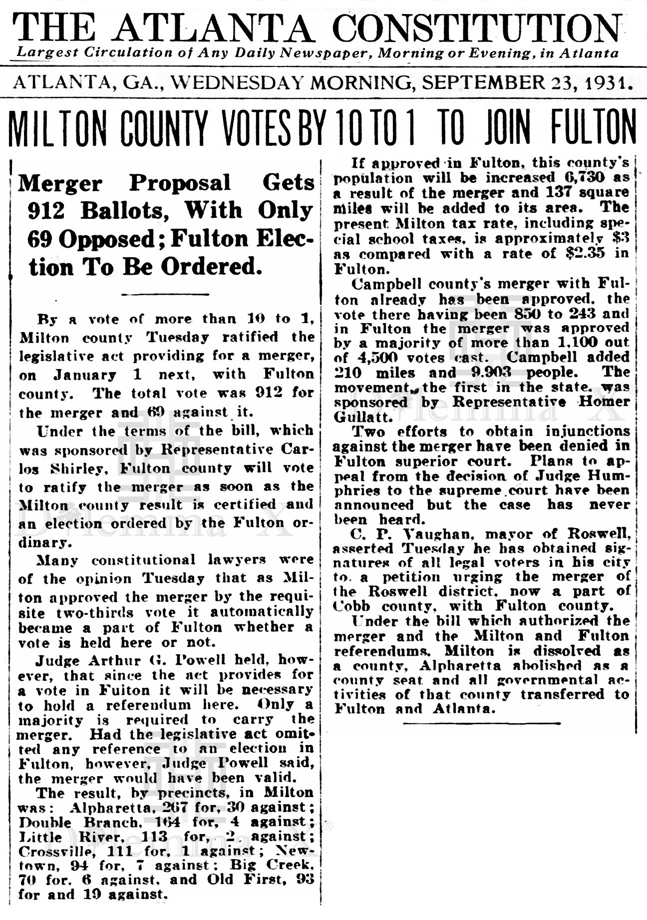 1931 Sept 23 Fulton County Milton County Merger