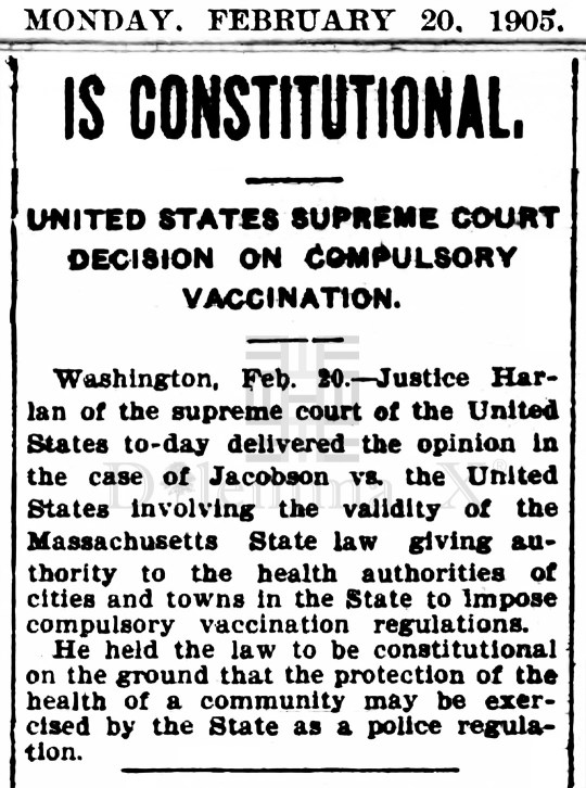 1905 Feb 20 Supreme Court Compulsory Vaccinations