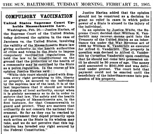 1905 Feb 21 Supreme Court Compulsory Vaccinations Massachusetts Ruling