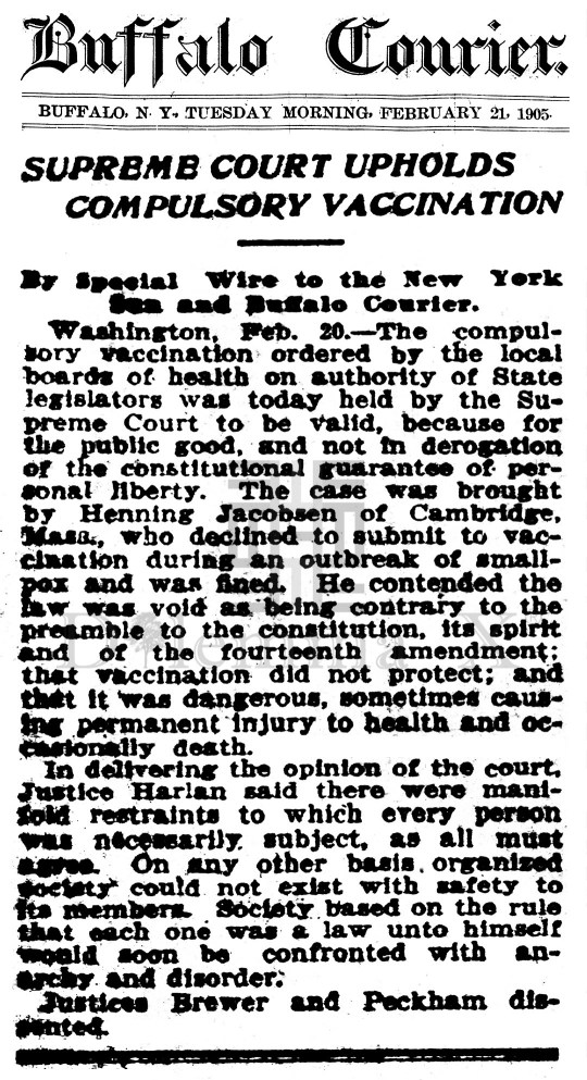 1905 Feb 21 Supreme Court Compulsory Vaccinations