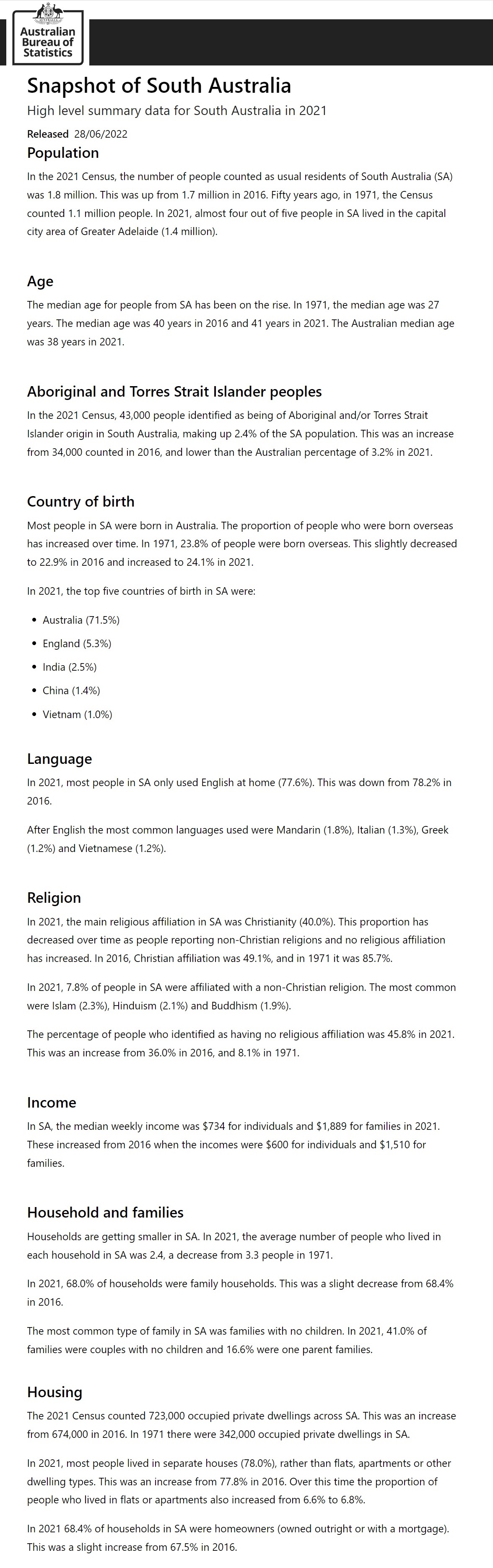 Australia Census 2022 South Australia
