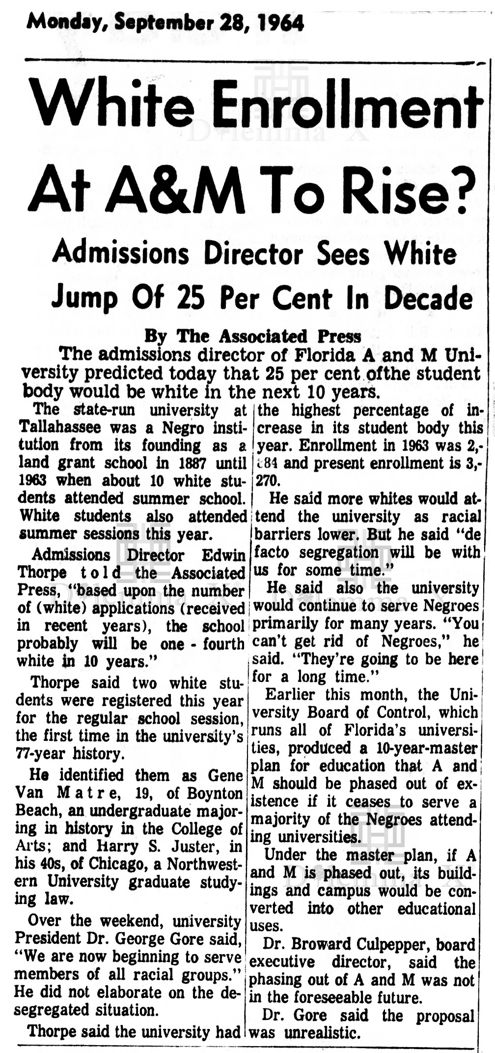1964 Sept 8 FAMU White Enrollment
